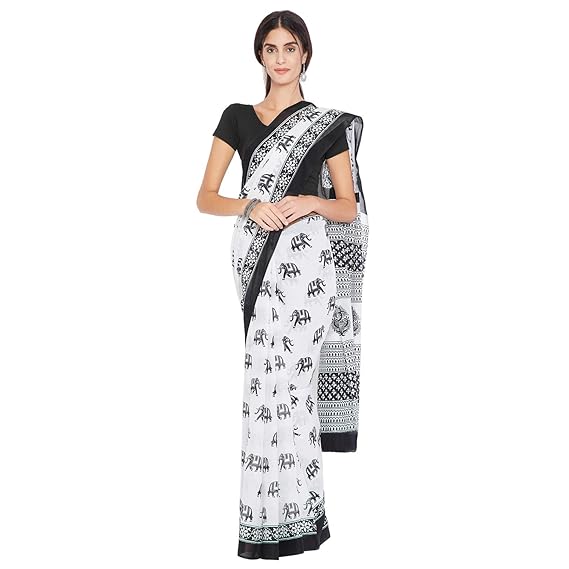 Finest Quality Cotton - Handmade Black and White - Minimalistic block print Saree with Blouse Piece RDSNSA0138