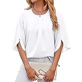 MANSY Womens Tops Dressy Casual Pleated Scoop Neck 3/4 Sleeve Summer Shirts Office Work Chiffon Blouses