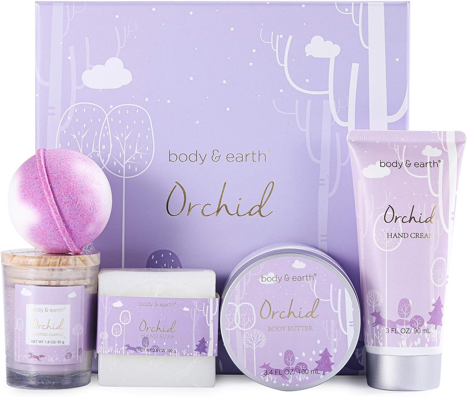 BODY & EARTH Luxury Gifts for Women 5 Pcs Orchid Bath Spa Gift Set Includes Scented Candle, Body Butter