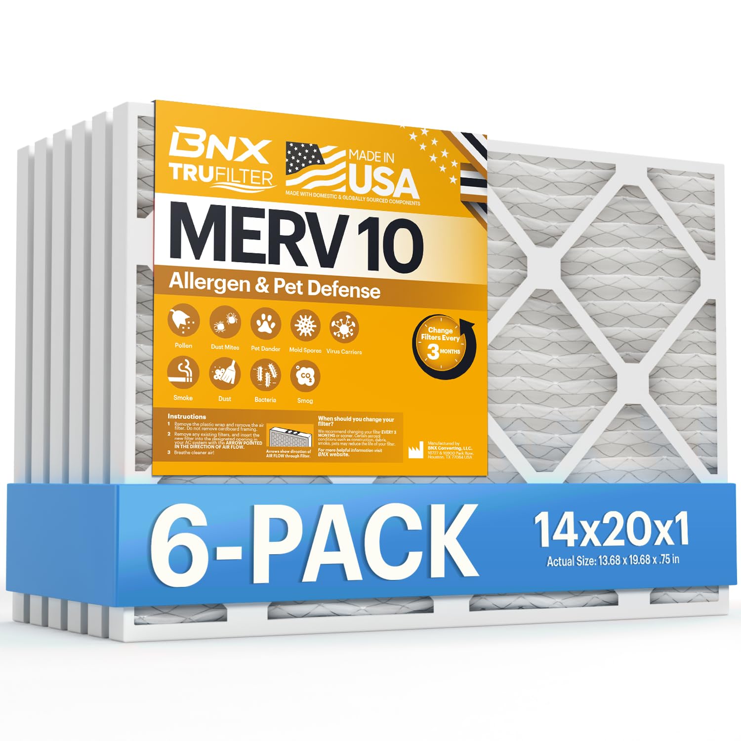BNX TruFilter 14x20x1 MERV 10 (6-Pack) AC Furnace Air Filter - MADE IN USA - Pleated Air Conditioner HVAC AC Furnace Filters - Removes Odor, Mold, Bacteria, Smoke Image