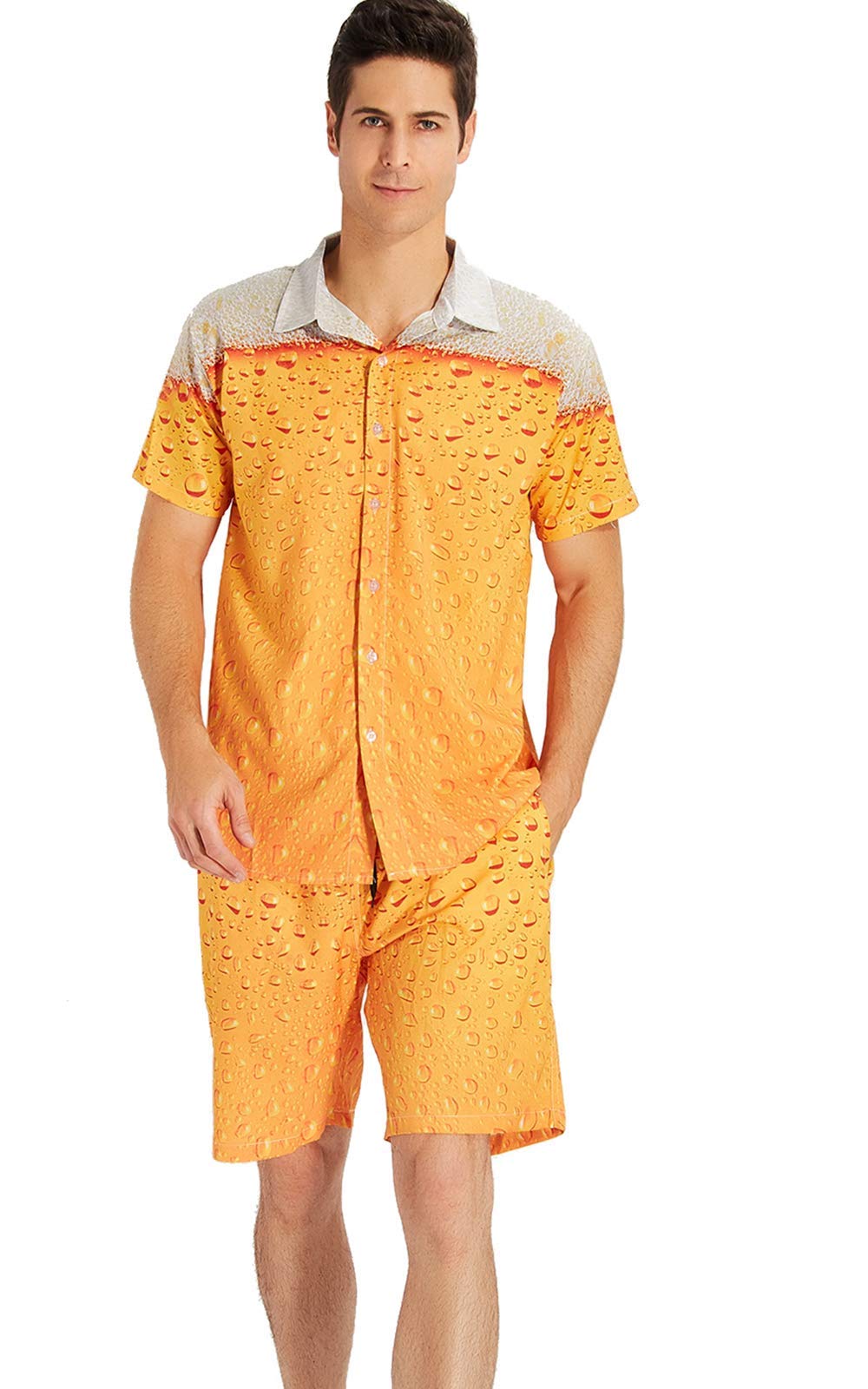 RAISEVERN Men Regular Fit 3D Beer Drop Printed STAG Short Sleeves Button Down Hawaiian Shirts Aloha Yellow