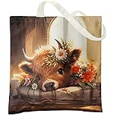 Veqzc Western Highland Cow Canvas Tote Bag - Highland Cow Lover Gifts,Canvas Shoulder Bag for Women for Girls