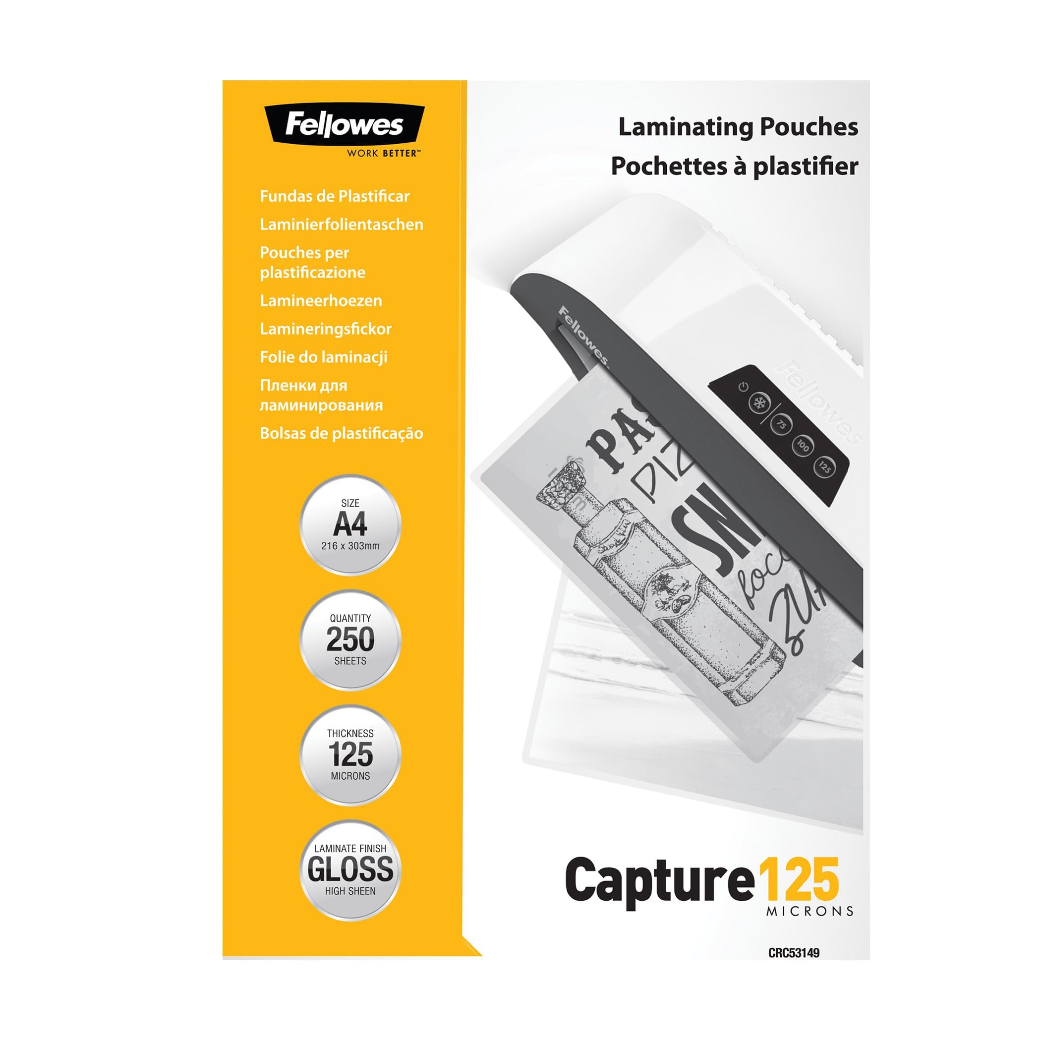 Fellowes A4 Laminating Pouches, Gloss Finish, 250 Sheets, 250 Micron (2x125) Clear & Durable Laminating Pouch - Ideal for Photos, Notices, Creatives & Certificates - Large Value Pack