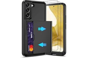 PILARU for Samsung Galaxy S22 Plus Case with Card Holder and (2 Pcs) HD Screen Protector, Slim Heavy Duty Dual Layer Shockproof Design & Hidden Card Slot Wallet Case for Samsung S22 Plus-Black