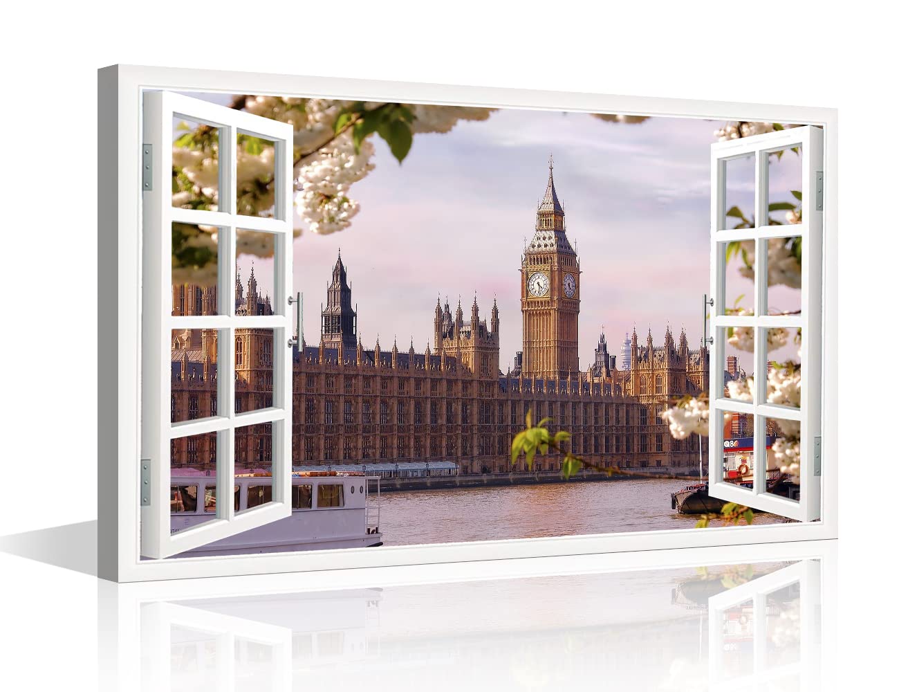 TISHIRON 3D Window Effect Canvas Wall Art Palace of Westminster Poster London Big Ben Cityscape Modern Canvas Wall Decor for Living Room Bedroom Office Posters Framed Ready to Hang - 24" W x 16" H