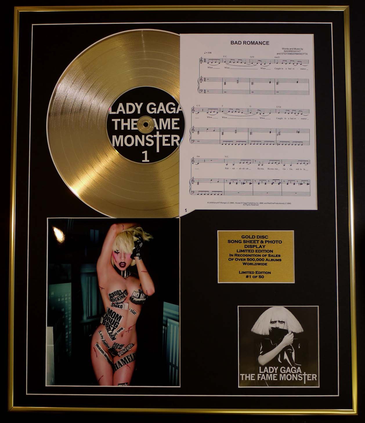 LADY GAGA/CD GOLD DISC, SONG SHEET & PHOTO DISPLAY/LTD. EDITION/COA/ALBUM, THE FAME MONSTER/SONG SHEET, BAD ROMANCE