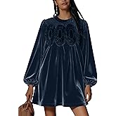 synound Women’s Velvet Lace Patchwork Babydoll Dress Puff Long Sleeve Ruffle Swing Loose Fit Crew Neck A-line Mini Dresses