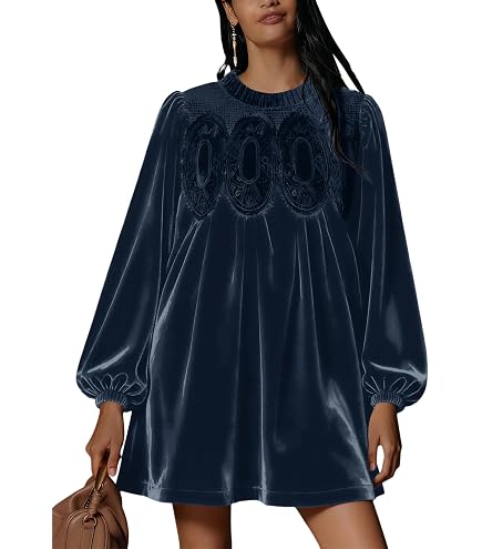 blue velvet babydoll dress Women's Tie Neck Elegant Long Sleeve Ruffle Hem Casual Beach Flowy Cocktail Party Mini Dresses Dark at Amazon Women's Clothing store Become an instant show
