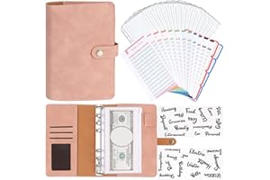 AUZESTO A6 Budget Binder, Soft PU Leather Notebook Binder Budget Planner Binder Cover with 16 Binder Pockets Cash Envelopes, 12 Expense Budget Sheets, 4 Shts Letter Sticker Labels for Bill Planner (Pink)