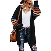 Dokotoo Women's Long Open Front Cardigans Striped Color Block Loose Knit Sweaters Outwear Coat