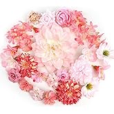 QUOZUO Artificial Flower Heads, Mini Silk Roses Peonies Daisy Pink Floral Fake Flower Heads for DIY Wreath Gift, Cake Decorations, Table Centerpieces, Party Wedding Home Decoration, 26PCS