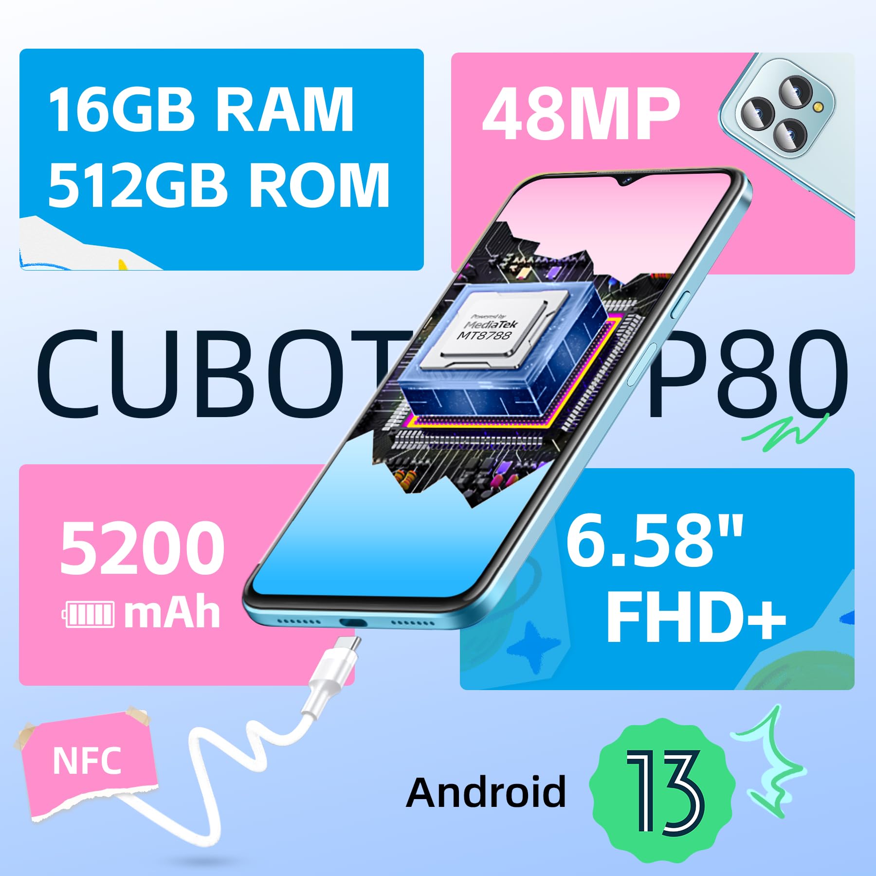 CUBOT P80 Smartphone Unlocked - 16GB RAM+512GB ROM Android 13 Cell ...
