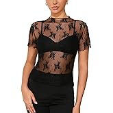 JBT Lace Top for Women High Neck Lace Shirt Short Sleeve See Through Floral Mesh Top