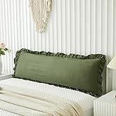Shabby Chic Olive Green Body Pillow Cover - 20x54in Long Pillowcase with Ruffled Fringe Decor