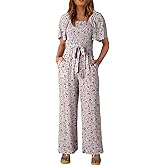 Happy Sailed Womens Summer Jumpsuits Floral Printed Short Sleeve High Waisted Pockets Wide Leg Rompers Beach Vacation Outfits
