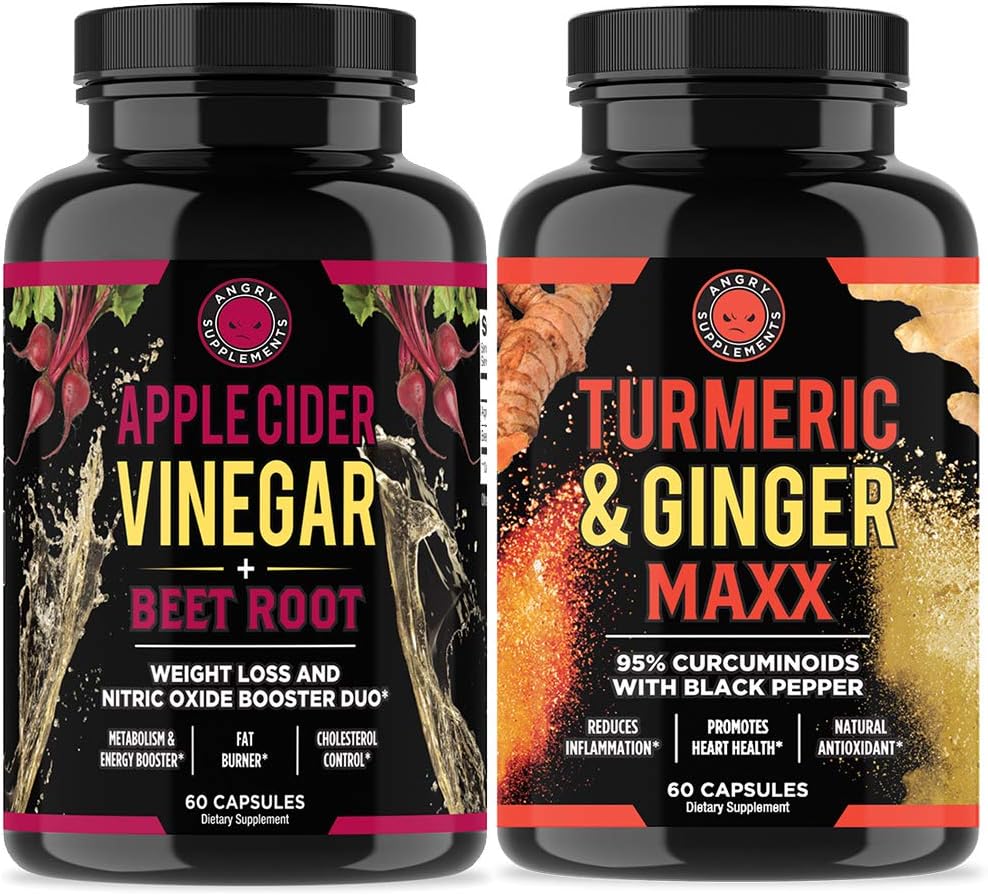 Apple Cider Vinegar + Beetroot and Turmeric & Ginger Capsules (2-Pack Bundle) by Angry Supplements, All-Natural Weight Loss Detox Remedy, Nitric Oxide Booster, Boost Metabolism + Energy (120 Count): Health & Personal Care