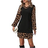 SweatyRocks Women's Color Block Collar Dress Long Sleeve Leopard Print Loose Mini Dress