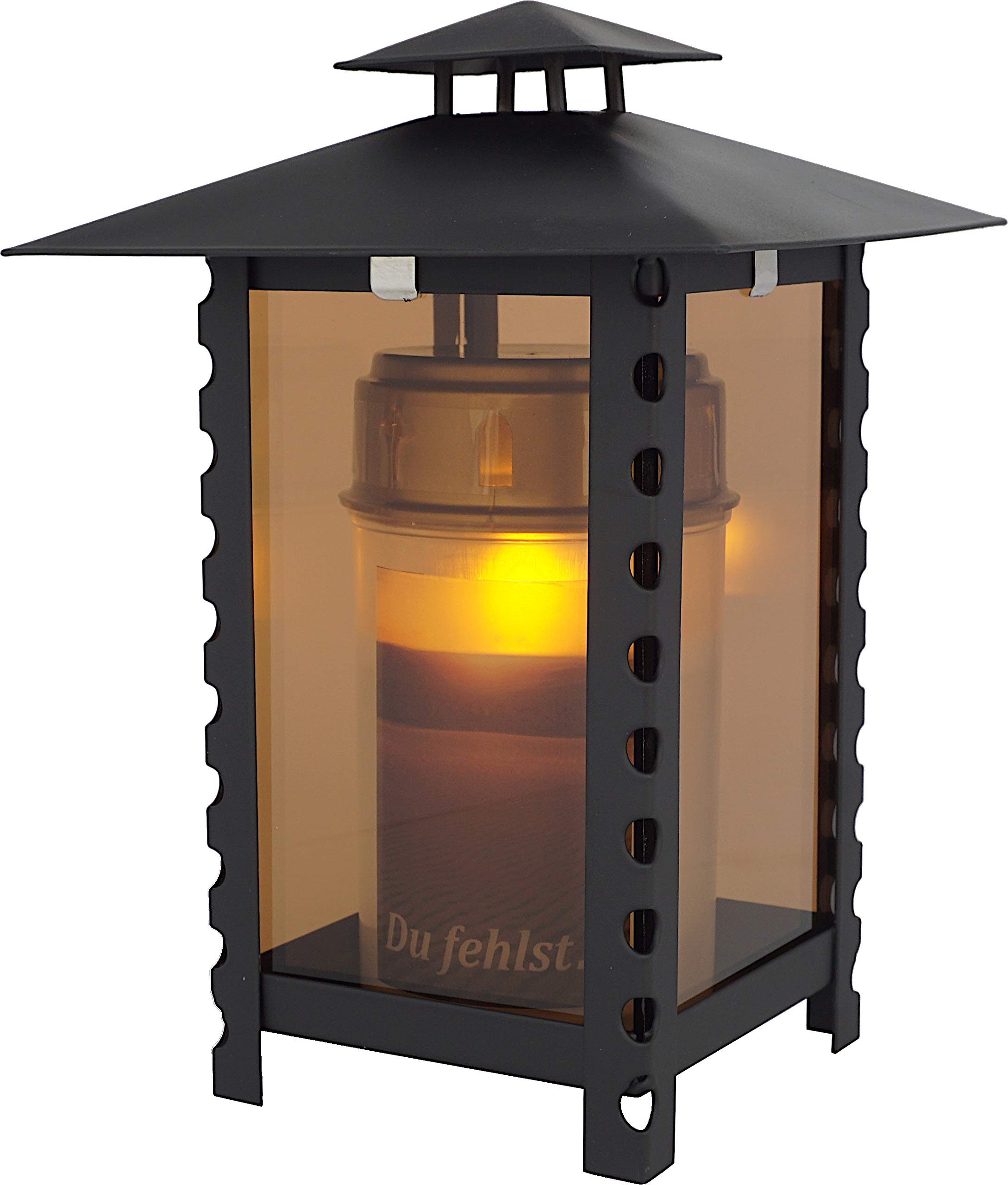 Grave Lantern Steel Square with Parsol Glass and Hole Pattern in the Struts Including LED Candle 21 cm (Black)
