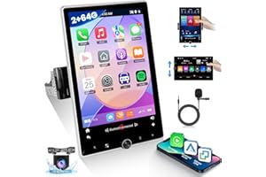 NHOPEEW 2+64G Android 13 Single Din 10.4 Inch Vertical Rotate Touch Screen Car Radio with Bluetooth, Wireless CarPlay & Android Auto, WiFi, GPS, Mirror Link, Voice Control, 50 UI, SWC + AHD Backup Camera