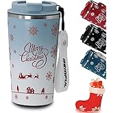 GEMFUL 17oz Insulated Chirstmas Travel Coffee Mug BPA Free Double Wall Stainless Steel Coffee Tumbler Cup Leakproof for Wife, Friend or Co-worker Winter Xmas Gifts (Blue/White)