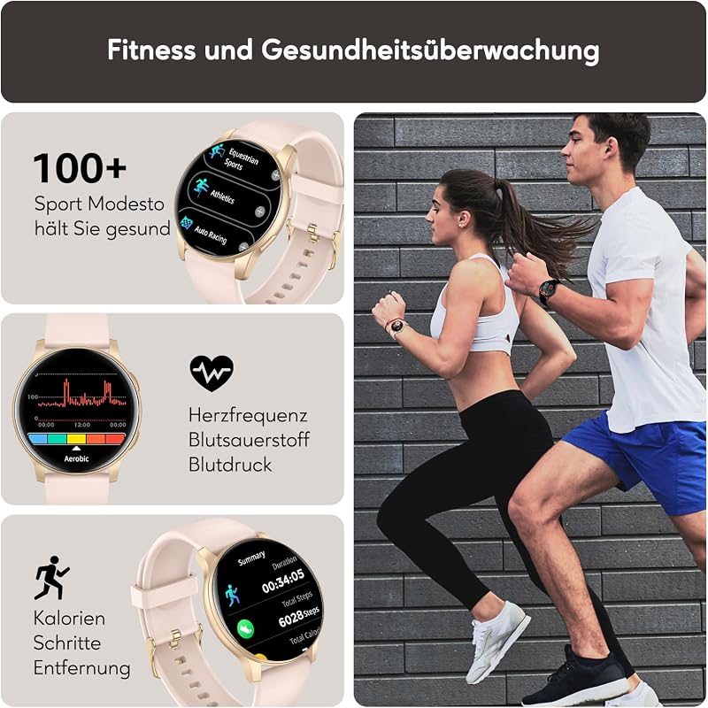 Smartwatch Damen Herren, 1.38 Zoll HD-Display Smart Watch mit Bluetooth Anrufe, Fitness Tracker mit Herzfrequenz SpO2 Schlafmonitor Schrittzähler, IP68 Wasserdicht Fitnessuhr für iOS Pink