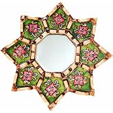 Starburst Decorative Wall Mirror Green Floral Boho Moroccan Wall Mirror | Painted Wooden Frame Shatterproof Acrylic Hanging Mirror Small Round Accent Mirror Decor for Living Room Bedroom Entryway