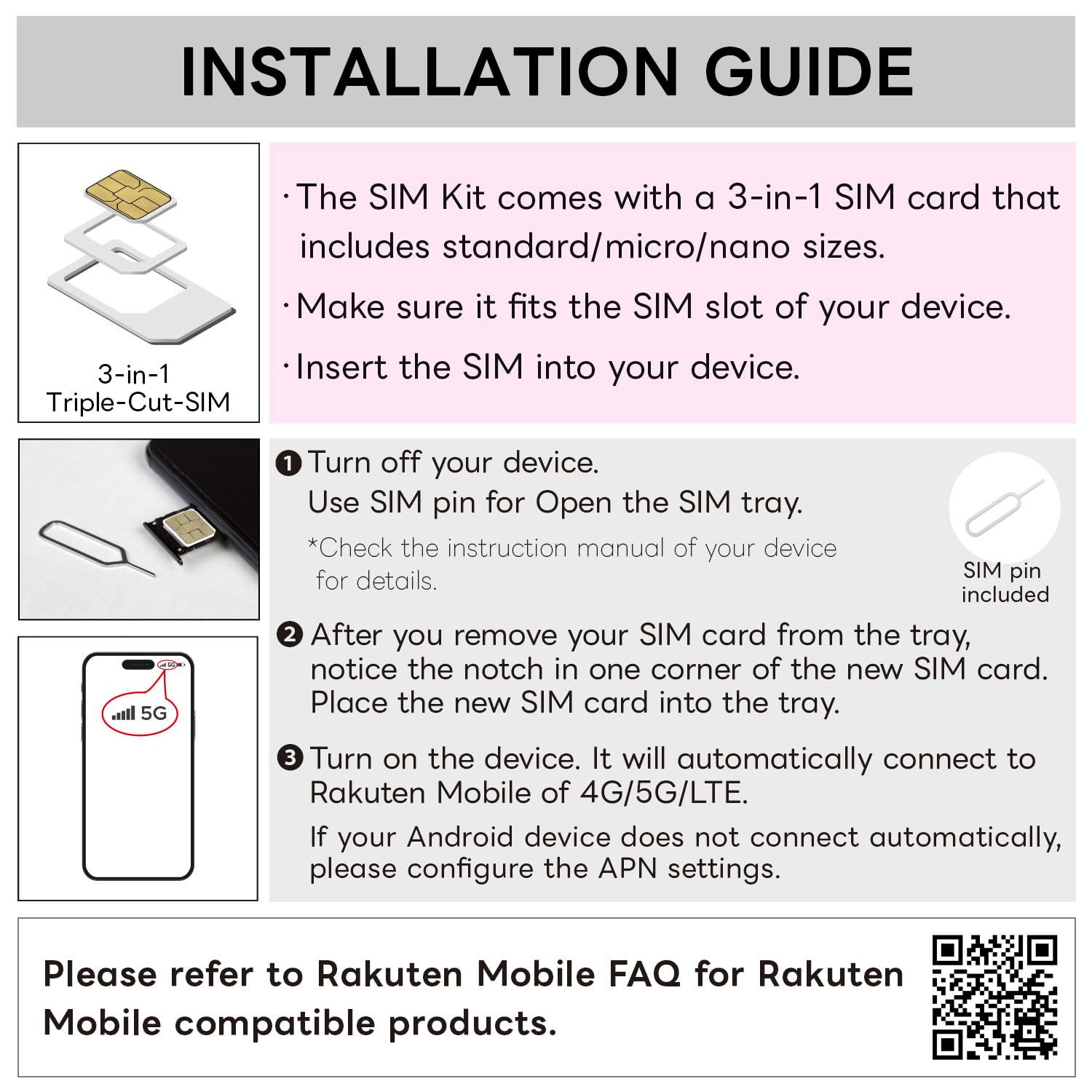 Japan Rakuten Mobile Prepaid SIM Card w/Text(SMS) to 73+ Countries, 1Year Plan, 3GB/mo. in Japan (Global 1GB/mo.), Quick Activation, 3-in-1 Triple-Cut SIM Card