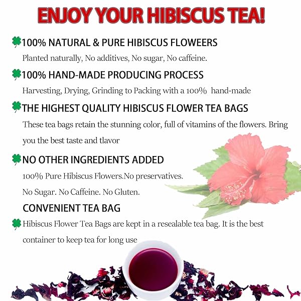 PREMIUM HIBISCUS TEA ORGANIC TEA BAGS, 100% NATURAL, HANDMADE, PURE FROM HIBISCUS FLOWERS, NATURAL & NO ADDITIVES, NO SUGAR/CAFFEINE/GLUTEN, VEGAN. (1)