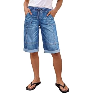 Flamingals Women's Mid Rise Straight Leg Bermuda Denim Shorts | Straight Leg Bermuda Shorts, Mid Rise, Drawstring, Washed, St