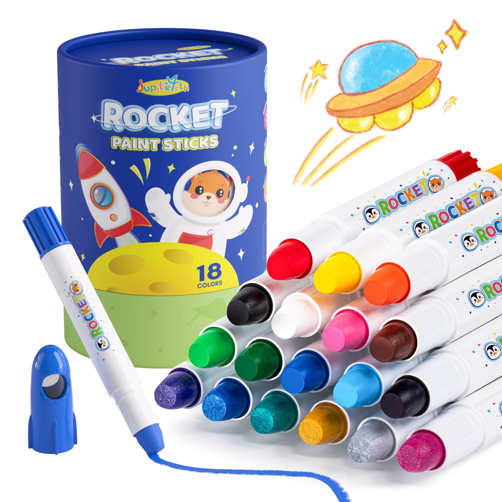 JUPITEARTH 18 Colors Rocket Tempera Paint Sticks with 120 PDF Coloring Pages, Quick Drying, Non-Toxic and Washable Paint Sticks for Kids and Students, Art Supplies for Drawing on Paper and Canvas