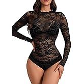Rooscier Women's Floral Lace Sheer Long Sleeve Mock Neck Sexy Bodysuits Top without Bra and Thong