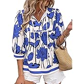 Cicy Bell Womens Floral Print Babydoll Blouse V Neck 3/4 Sleeve Peplum Tops Casual Loose Fit Boho Flowy Shirts