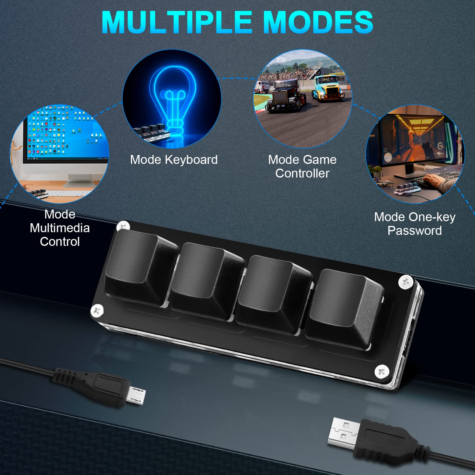 Ecarke Black Mini 4-Key Keypad Mechanical Gaming Keyboard, Self Programming,OSU Hot Swap Game Keyboards with 1.5m USB-C Data Cable（Upgrade Cherry Shaft &RGB LED）