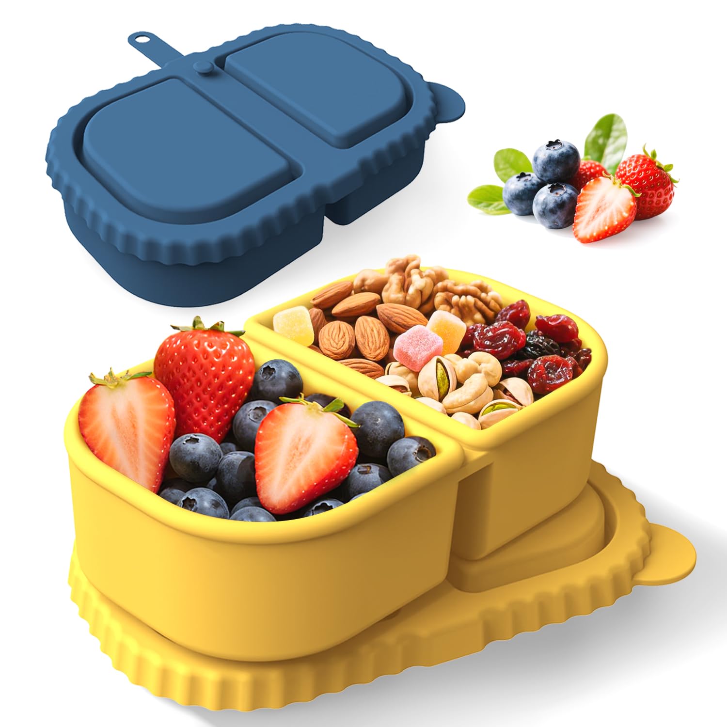 Photo 1 of ***ONLY ONE****Xstronq 2Pcs Reusable Silicone Snack Containers with Lids -2 Compartment Snack Containers Box, for Travel, Office, Gym & Meal Prep (Dark Blue + Yellow)