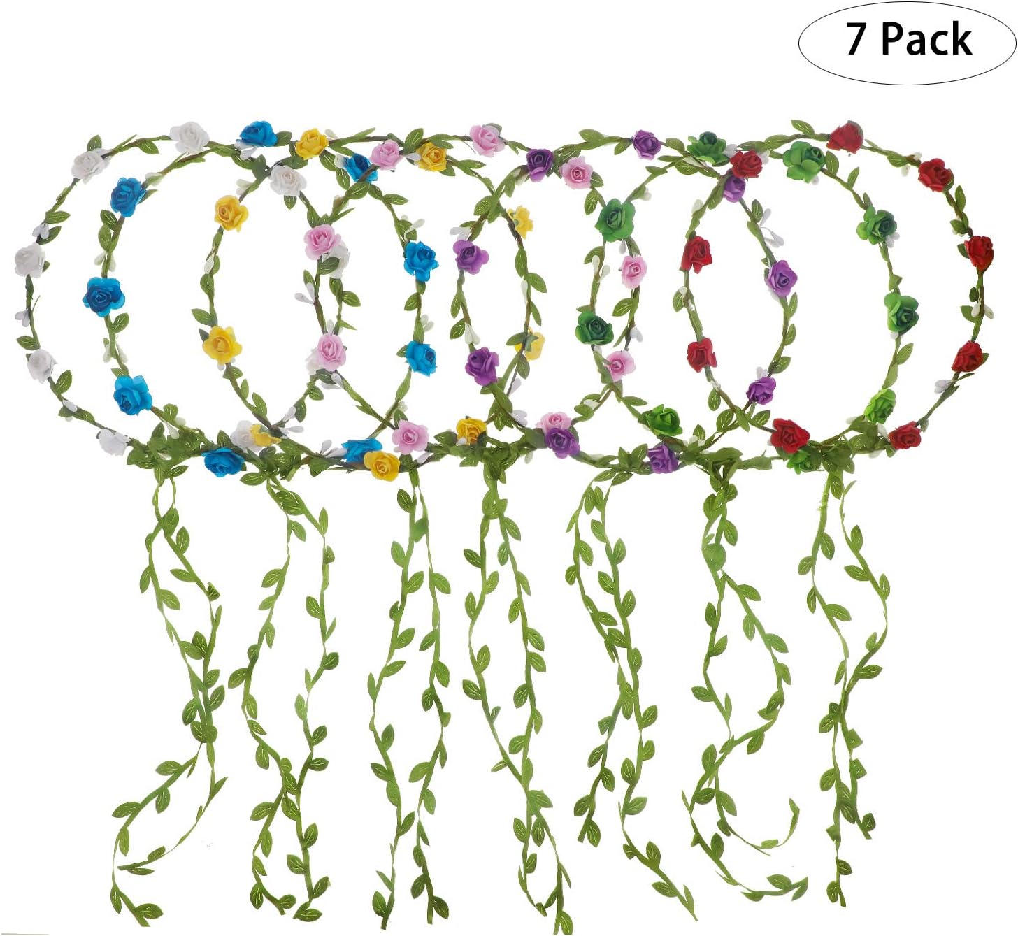 Soleebee 7 Pieces Flower Crown Wreath Girl Multicolor Bohemian Floral Garland Wreath Headband for Birthday Wedding Party Bride Bridesmaid
