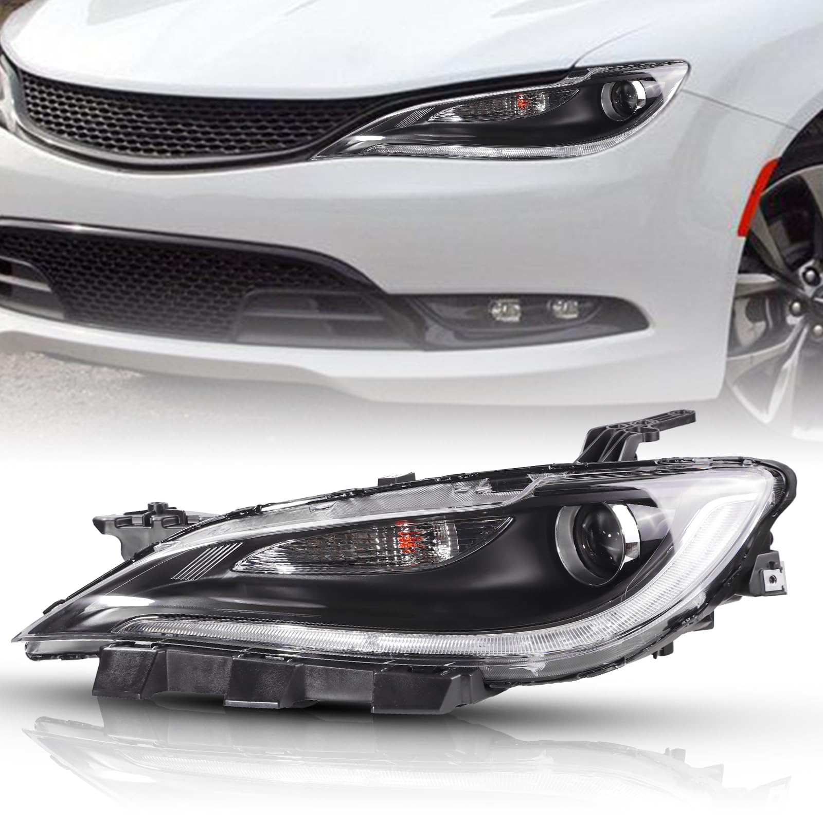 Photo 1 of Zhaoyang Headlight Assembly Compatible with 2015 2016 2017 Chrysler 200 Halogen Headlamp w/LED DRL Chrome Trim Replacement (Left Driver Side)