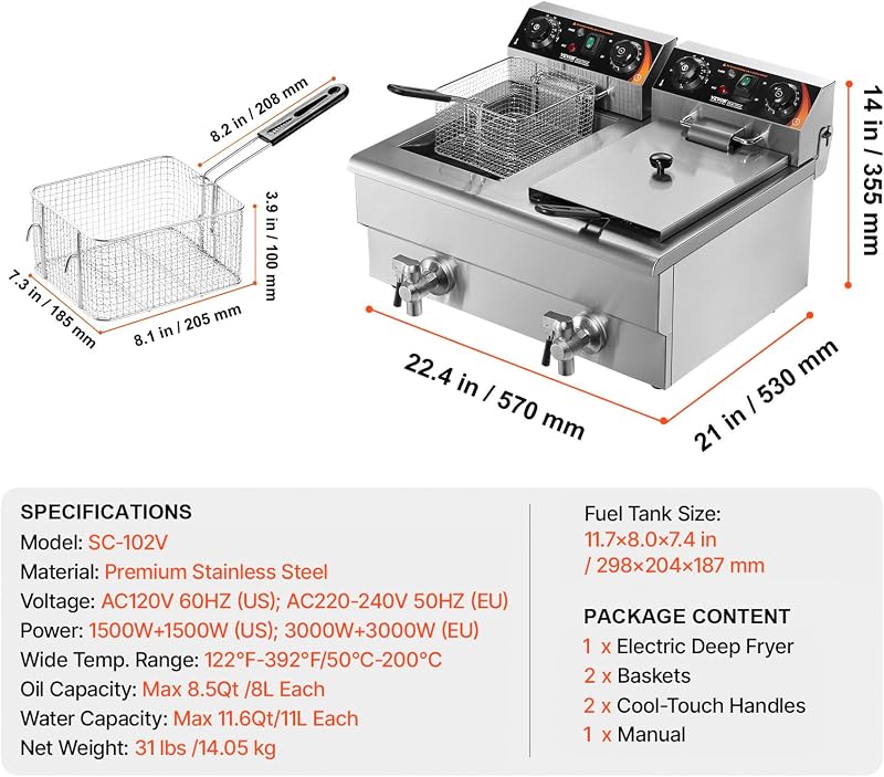 Friteuse Électrique Commerciale 11L x 2 Cuves 3000W x 2 Friteuse à Huile en Inox avec 2 Paniers à Frire Température et Temps Réglable 50-200°C pour Rondelles d’Oignon Poulet Frit Snack-Bars