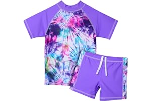 TFJH E Girls Short Sleeve Swimsuit Two Piece Swimwear UPF 50+ UV 3-12 Years