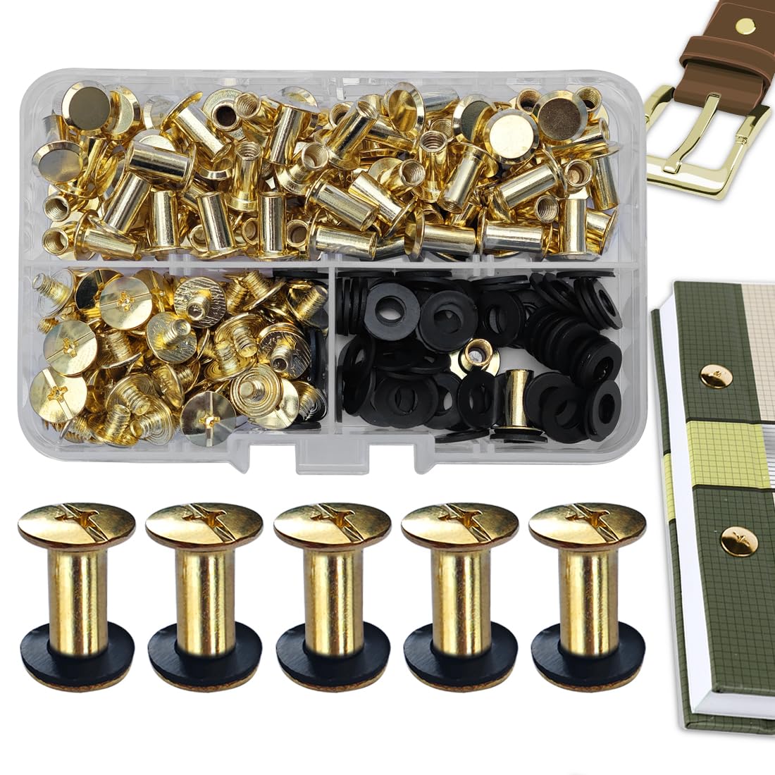 SHSMPXOY 70 Set Chicago Screws Posts for Leather Rivets M5*12mm Chicago Book Binding Screws Rivets Cross Head Chicago Button Screws for DIY Book Scrapbook Bookbinding, Bags,Collars(Gold)