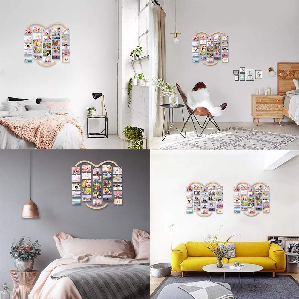 Uping Hanging Photo Display for Wall, Wood Picture Frame Collage with 30 Clips Multi Photo Display Collage Board for Party,Home, Office Decor (29.1 X 25.2 Inch)