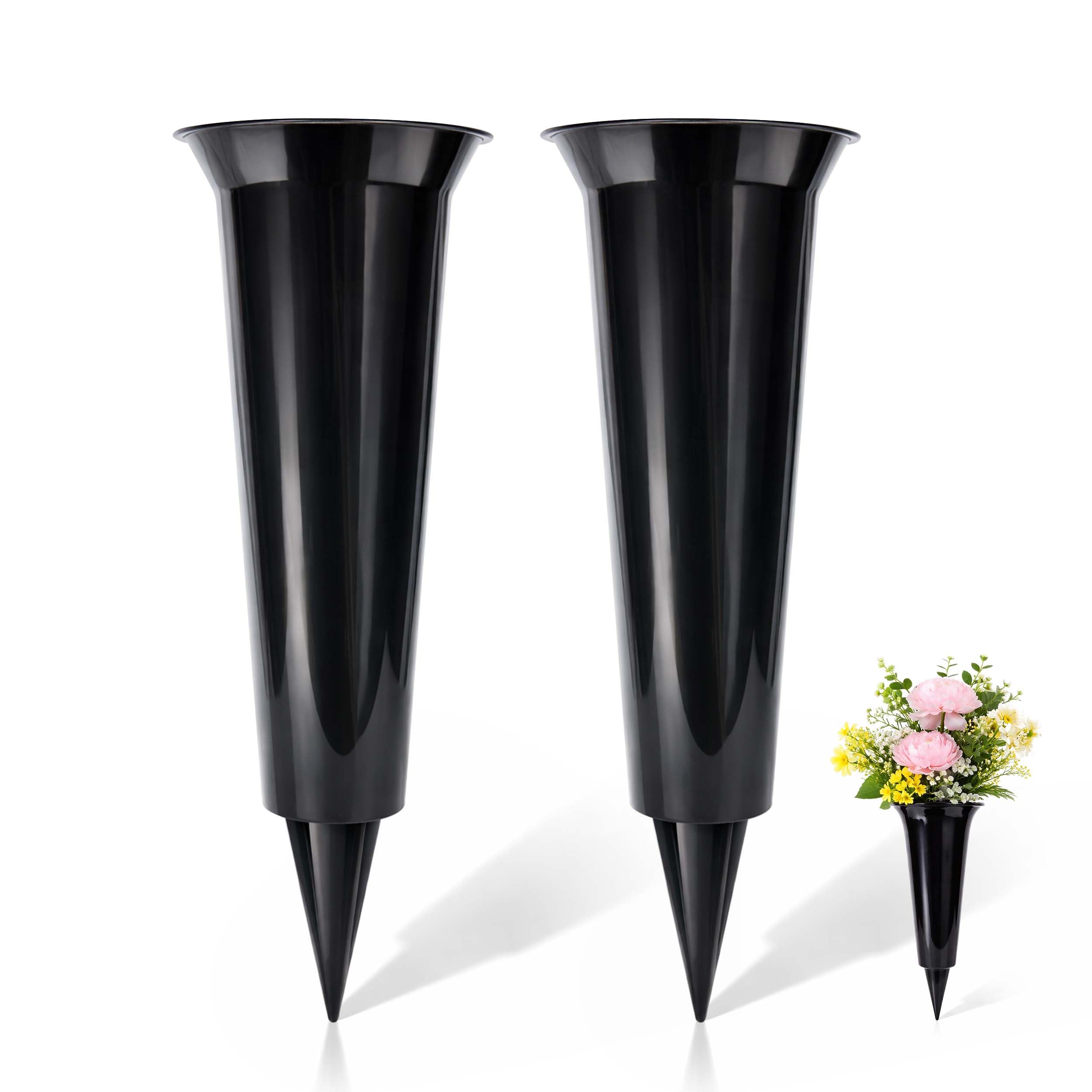 Daisy Dreams Set of 2 Black plain Spikes Memorial Grave Flower Vases-Strong Grave Flower Pots, Plastic Spike Grave Ornament for your loved ones (1, Plain Black)