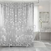 Grey Glitter Print Shower Curtain 12 Hooks Set,Diamond Pearls Silver Pattern Bathroom Curtains for Kids Girls Woman Luxury Sparkling Jewelry Starlight Galaxy Waterproof Curtain,72"Wx72"L