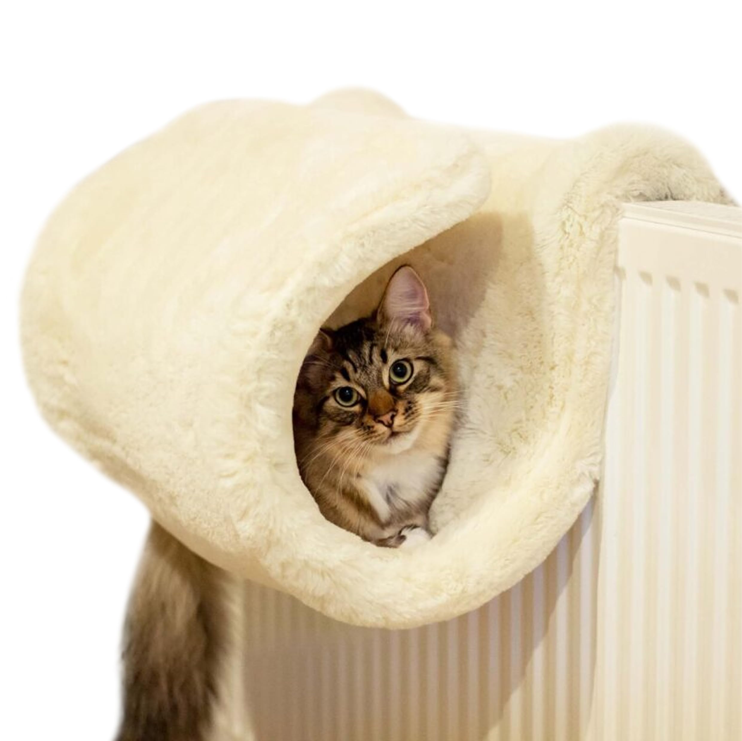 Rosewood Luxury Cat Tunnel Radiator Bed – Sturdy Metal Frame with Removable Soft Faux Fur Cover, Neutral Cream Cosy Bed, Elevated Hideaway Tunnel for Cats & Kittens