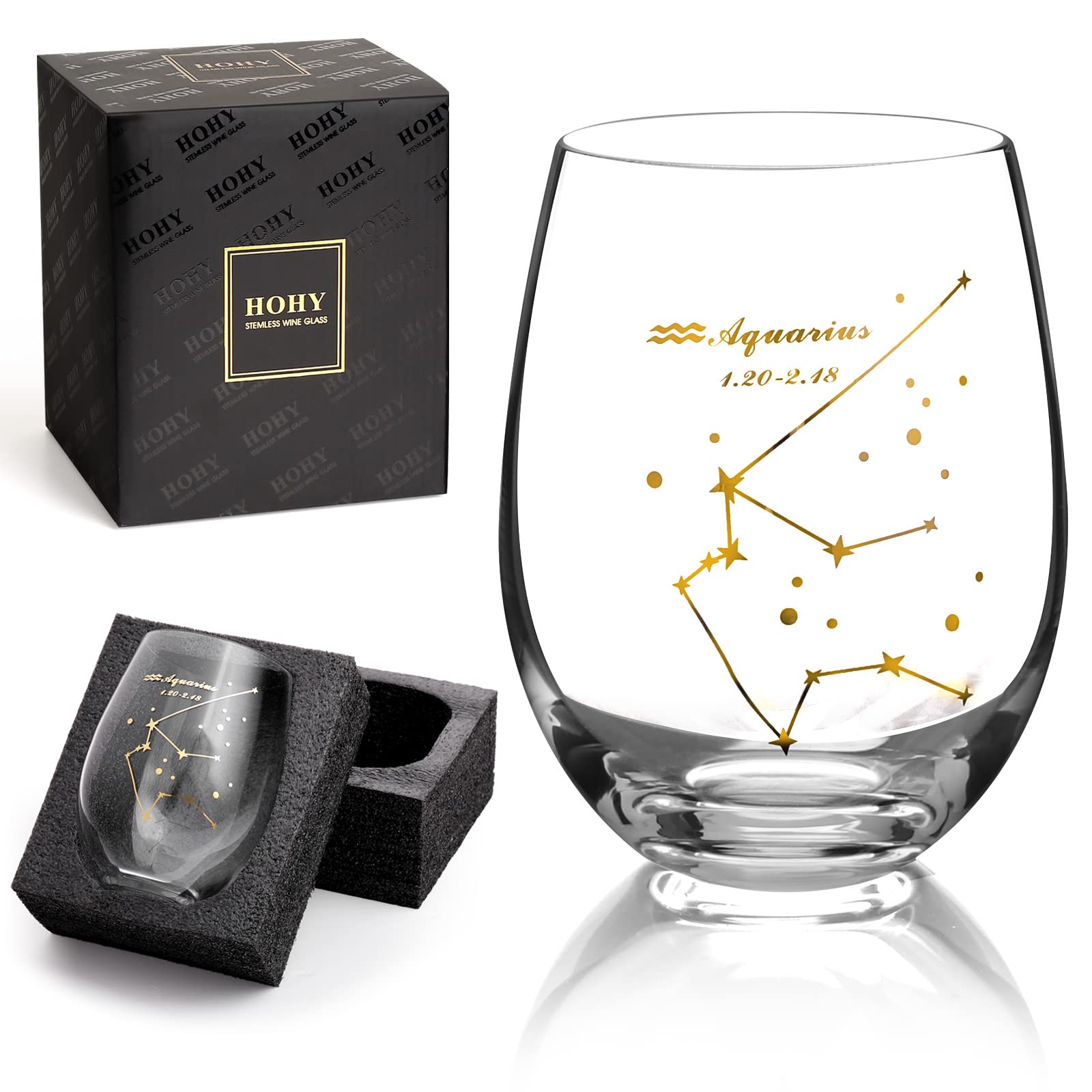 HOHY Aquarius Zodiac Stemless Wine Glass 20 Oz, Aquarius Zodiac Birthday Horoscope Gifts for Women, Wine Glass Astrology Constellation Christmas Gifts for Women, Constellation Wine Glasses Golden