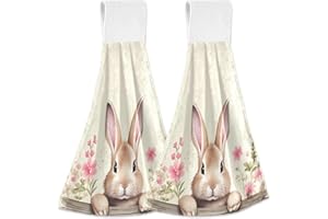 JUZIHAI Easter Bunny Hanging Kitchen Towels Set of 2 Soft Absorbent Hand Towels with Hanging Loop for Home Kitchen Bathroom 1