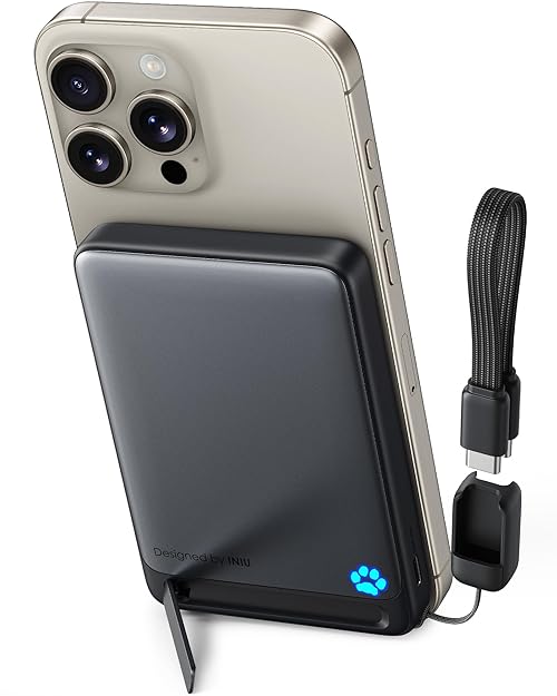 INIU for Magsafe Power Bank, Qi2 Certified, Slimmest 10000mAh 45W Magnetic Portable Charger, with Lanyard USB-C Cable and Stand, Fast Charging Wireless Power Bank, for iPhone 17 16 15 14 13 12 Only