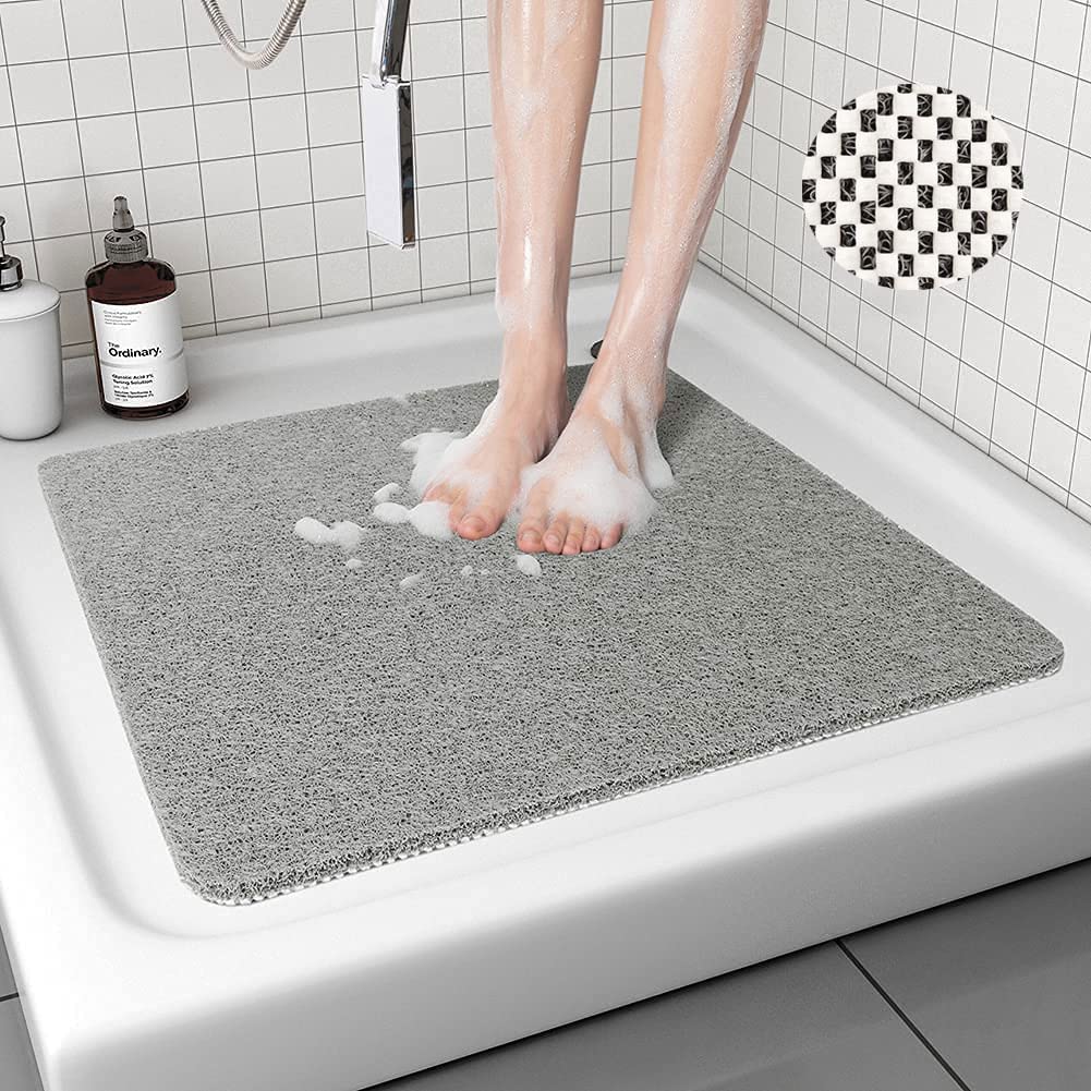 Lurowo Loofah Shower Mat, Non Slip Square Shower Mats for inside Shower Anti Mould, Washable PVC Bathroom Floor Mats Rugs (53x53cm, Grey)