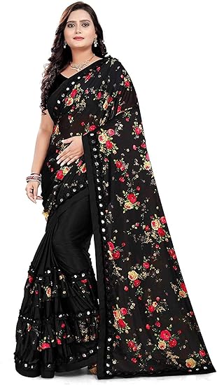 Women's Ethnic Wear Lycra Ruffle Frills Print Saree Printed Lycra Silk Blend Saree With Blouse Pices