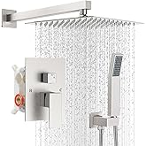 IUERASD Shower Faucet Set with Shower Head, Wall Mount 10 Inch Square Rainfall Shower Head and Handle Set Single Handle Shower System Set with Female Threads Valve Body and Trim Included(Brush Nickel)