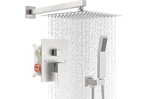 IUERASD Shower Faucet Set with Shower Head, Wall Mount 10 Inch Square Rainfall Shower Head and Handle Set Single Handle Shower System Set with Female Threads Valve Body and Trim Included(Brush Nickel)